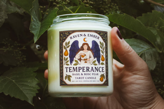 Hand holding a candle labeled 'Temperance' by Raven & Ember against a leafy background