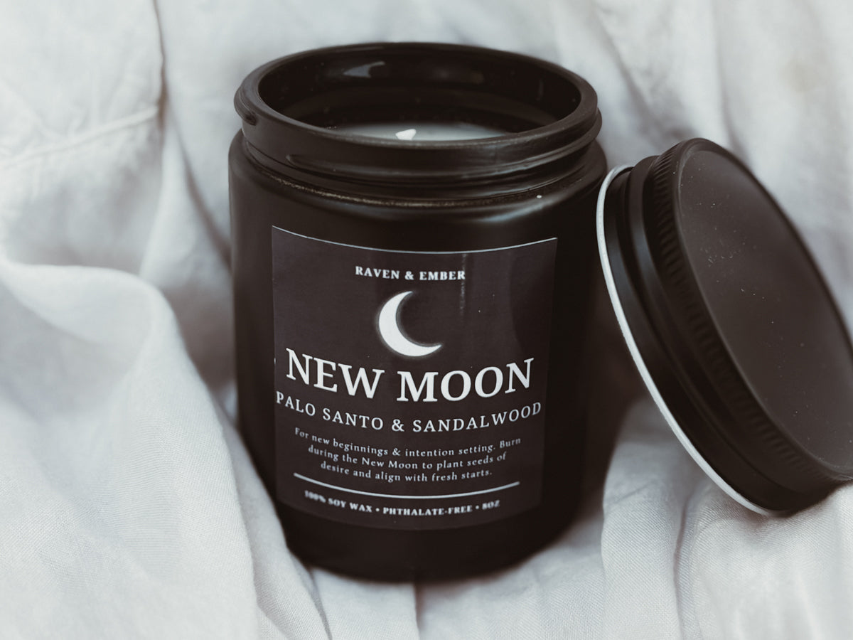 New Moon Candle | New Moon Ritual Manifestation | Palo Santo & Sandalwood 8oz