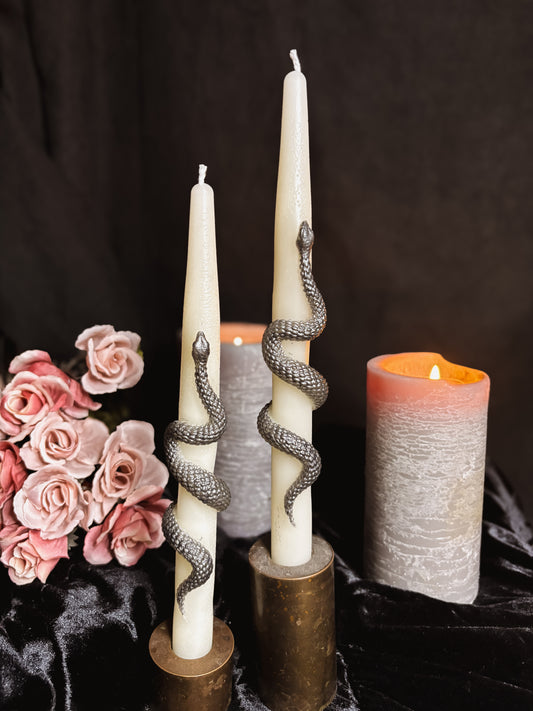 Decorative candles with snake designs on a dark background